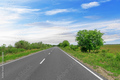 Obraz na płótnie A dynamic image of an open highway surrounded by greenery, with a motion blur effect on the sides, leading into the horizon under a bright blue sky with wispy clouds. w salonie