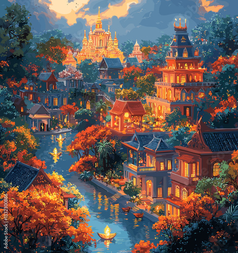 Vibrant illustration of a traditional Asian village at sunset, with lantern-lit boats on a river, ornate architecture, and lush autumn foliage, evoking cultural beauty, serenity, and harmony