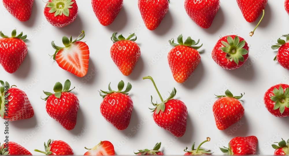 Fresh strawberry fruits on white. Top view, copy space