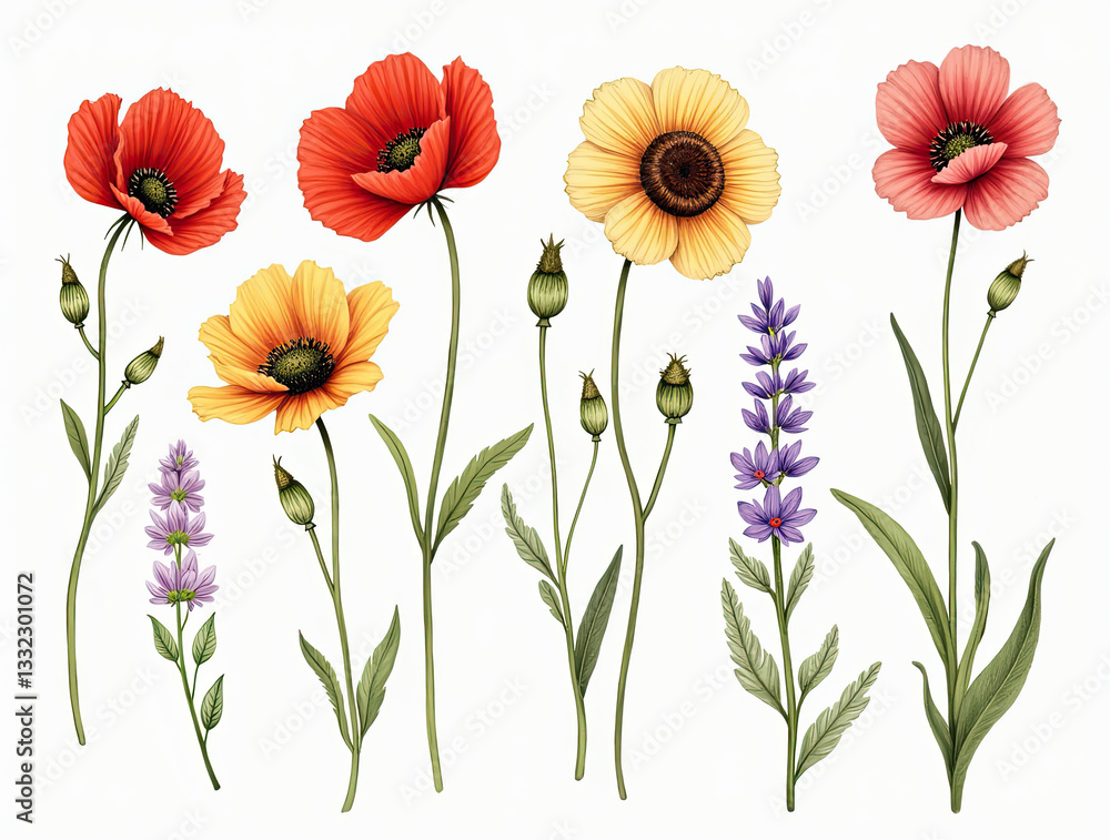 Fototapeta premium Colorful wildflower arrangement showcasing various blossoms in a botanical illustration