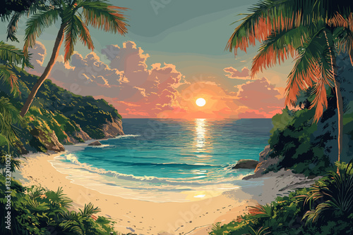 Beautiful illustration of a serene tropical beach at sunset, with calm turquoise waves, palm trees, and lush greenery, evoking peace, natural beauty, and a tranquil escape