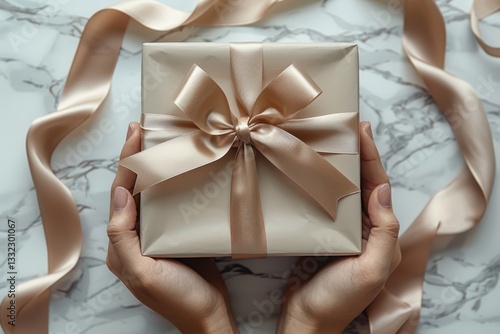 Top view of hands holding a gift box with a beige ribbon on a white background