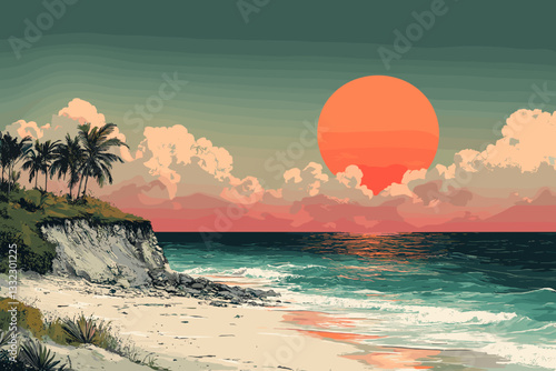 Beautiful illustration of a serene beach at sunset, with gentle waves, a rocky cliff, palm trees, and a vibrant orange sun, evoking tranquility, natural beauty, and tropical relaxation