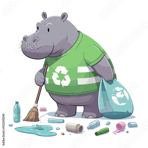Environmentalist hippo collecting trash in recycling bag. Vector illustration for conservation efforts, pollution cleanup or environmental education concepts.