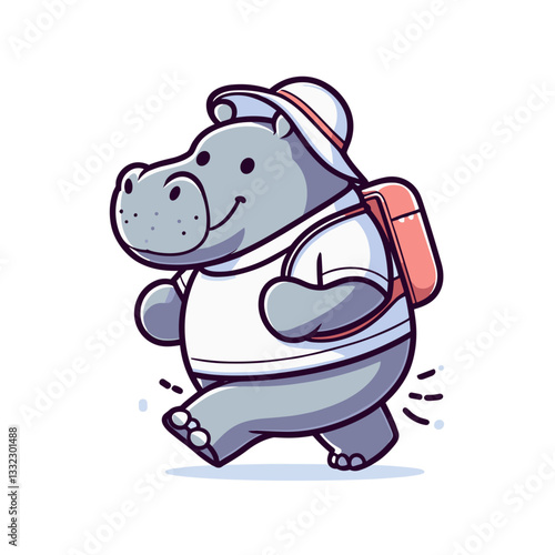 Gray hippo athlete in sportswear with bag. Vector illustration perfect for fitness themes, sports activities or active lifestyle promotional concepts.