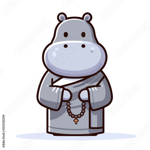 Gray hippo monk with prayer beads in religious robe. Vector illustration ideal for spiritual concepts, meditation practices, religious themes and peaceful wisdom representation.