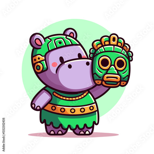 Colorful hippo shaman with tribal mask in ceremonial outfit. Vector illustration ideal for cultural rituals, indigenous traditions, spiritual practices and ancestral wisdom concepts.