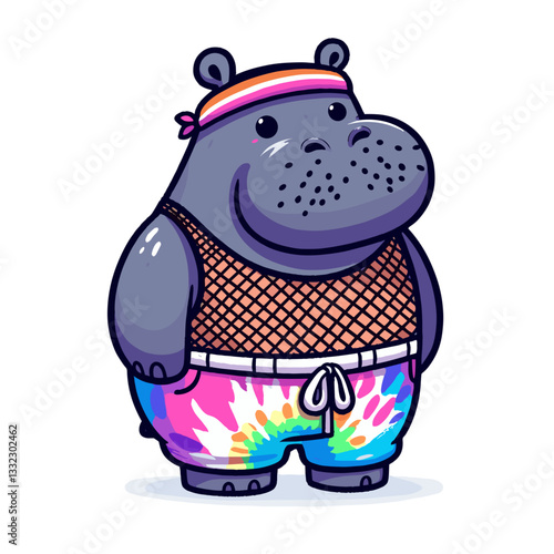 Dark blue hippo in tie-dye shorts and mesh top. Vector illustration perfect for music festival fashion, summer style, beach culture and casual outdoor wear concepts.