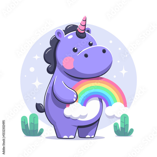 Magical unicorn hippo with rainbow and sparkles. Vector illustration ideal for children's fantasy content, positive motivation themes, and colorful playroom decor.