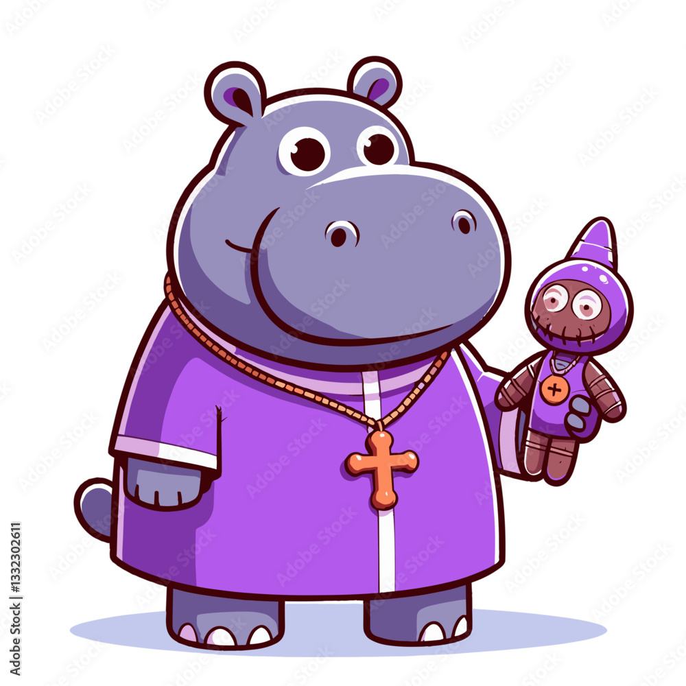 Naklejka premium Religious hippo in purple robe holding doll. Vector illustration perfect for spiritual leaders, religious education, community outreach, and faith-based initiatives.