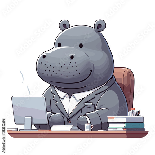 Executive hippo in gray suit working at computer desk. Vector illustration ideal for office management, corporate leadership, and professional workspace design.