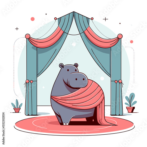 Hippo on stage with theatrical curtains and spotlight. Vector illustration for performing arts, stage productions or entertainment industry concepts.