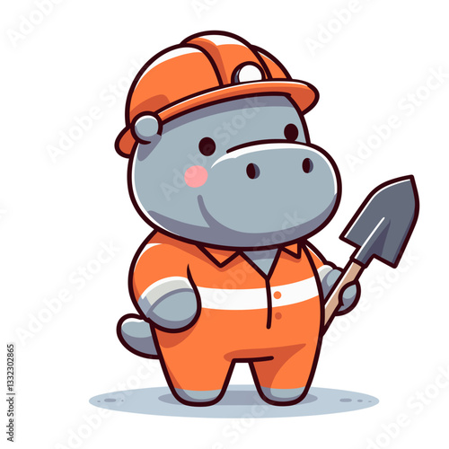 Construction worker hippo with shovel in orange uniform. Vector illustration for building industry, infrastructure projects or occupational safety concepts.