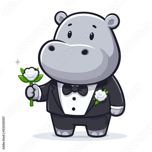 Groom hippo in tuxedo with flower boutonniere. Vector illustration for wedding celebrations, formal events or elegant occasion attire concepts.