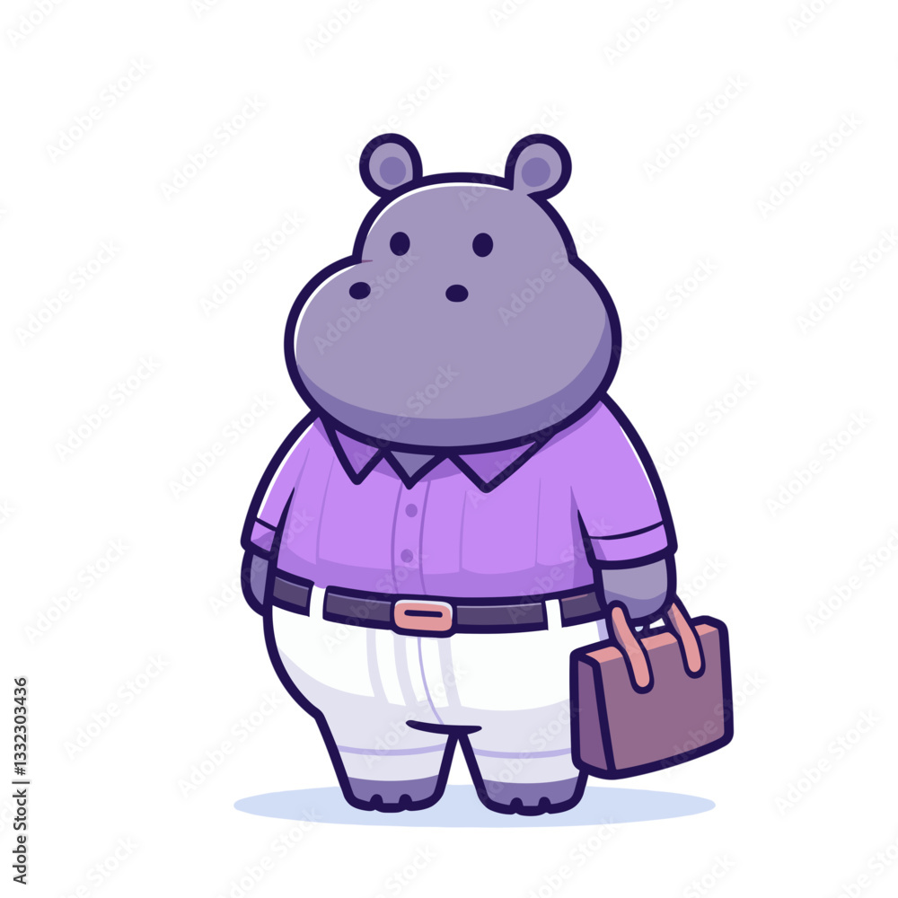 Purple hippo office worker with briefcase in casual outfit. Vector illustration perfect for workplace themes, professional lifestyle or corporate character representation. Purple hippo office worker with briefcase in casual outfit. Vector illustration perfect for workplace themes, professional lifestyle or corporate character representation.
