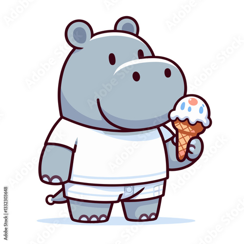 Hippo in white athletic wear holding ice cream cone. Vector illustration concept for dessert shop mascot or summer treat brand character design.