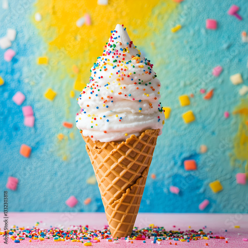 Vanilla and strawberry ice cream cone on a white background with a creamy and sweet dessert theme