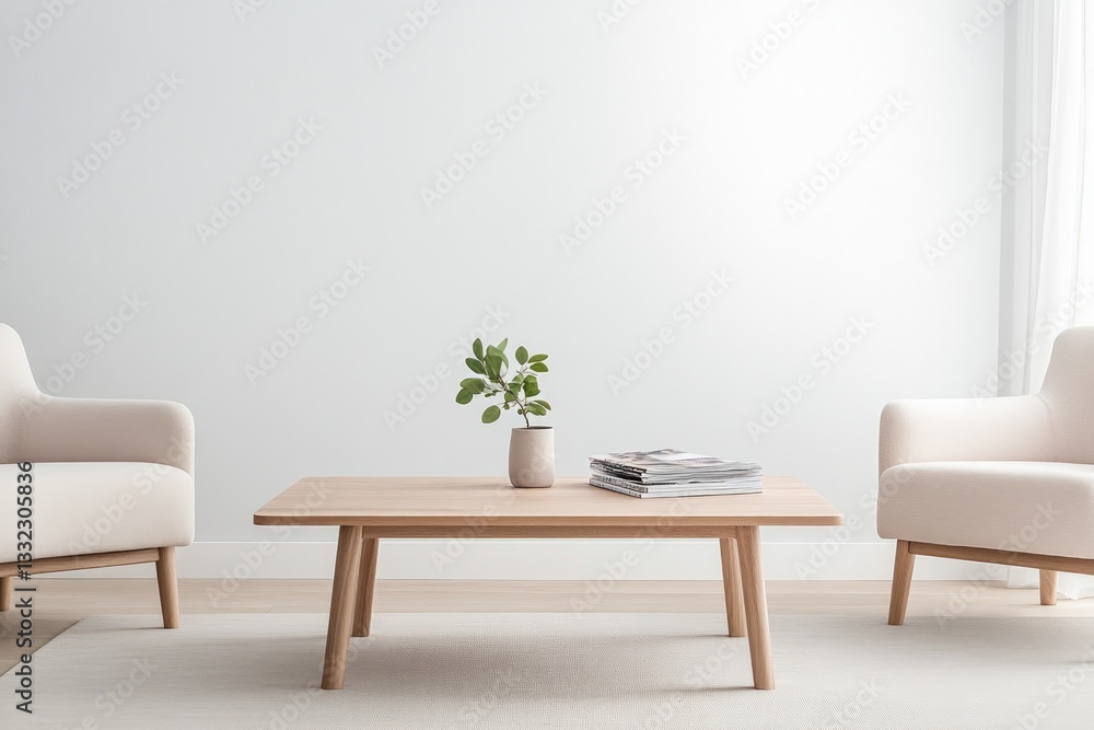 serene scandinavian-style living room with soft natural lighting showcases minimalist wooden coffee table and comfortable serene scandinavian-style living room with soft natural lighting showcases minimalist wooden coffee table and comfortable