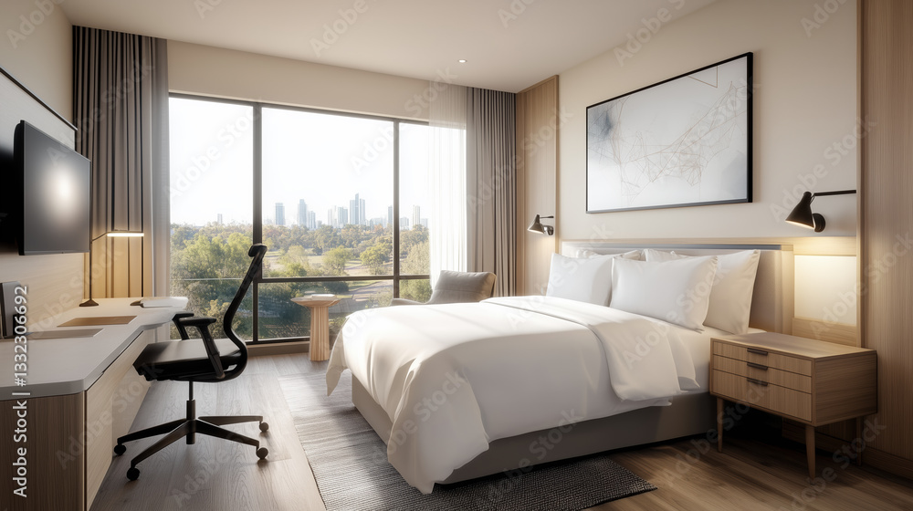 cozy yet modern hotel room featuring smart technology, comfortable bed, and stunning city view. design combines elegance and functionality for relaxing stay cozy yet modern hotel room featuring smart technology, comfortable bed, and stunning city view. design combines elegance and functionality for relaxing stay