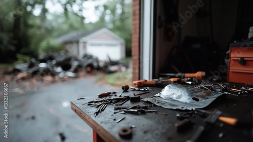 Cluttered Workbench with Tools and Metal Scraps Outdoors