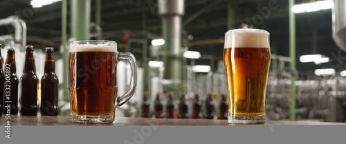 Obraz na płótnie Beverage factory, Conveyor belt with beer bottles w salonie