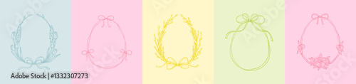 Set of cute line doodle easter eggs frames in trendy spring colors. Floral and whimsical bow ribbon coquette borders. Willow, tulip, rose flowers summer wreath collection. Hand drawn sketch