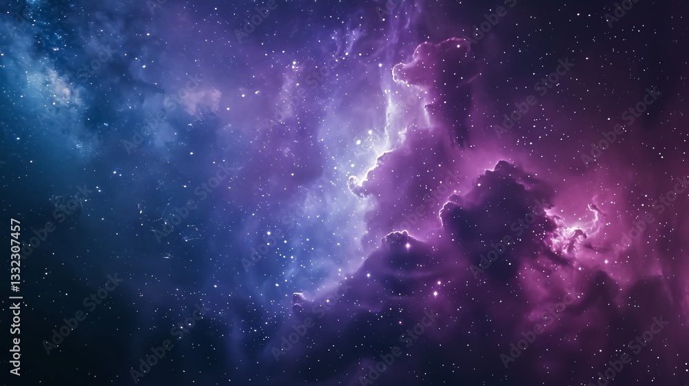 Obraz premium Night sky with stars, clouds, nebula, and galaxy. Landscape with gradient blue and purple colorful cosmos with stardust and the Milky Way. Magic color galaxy, space background.