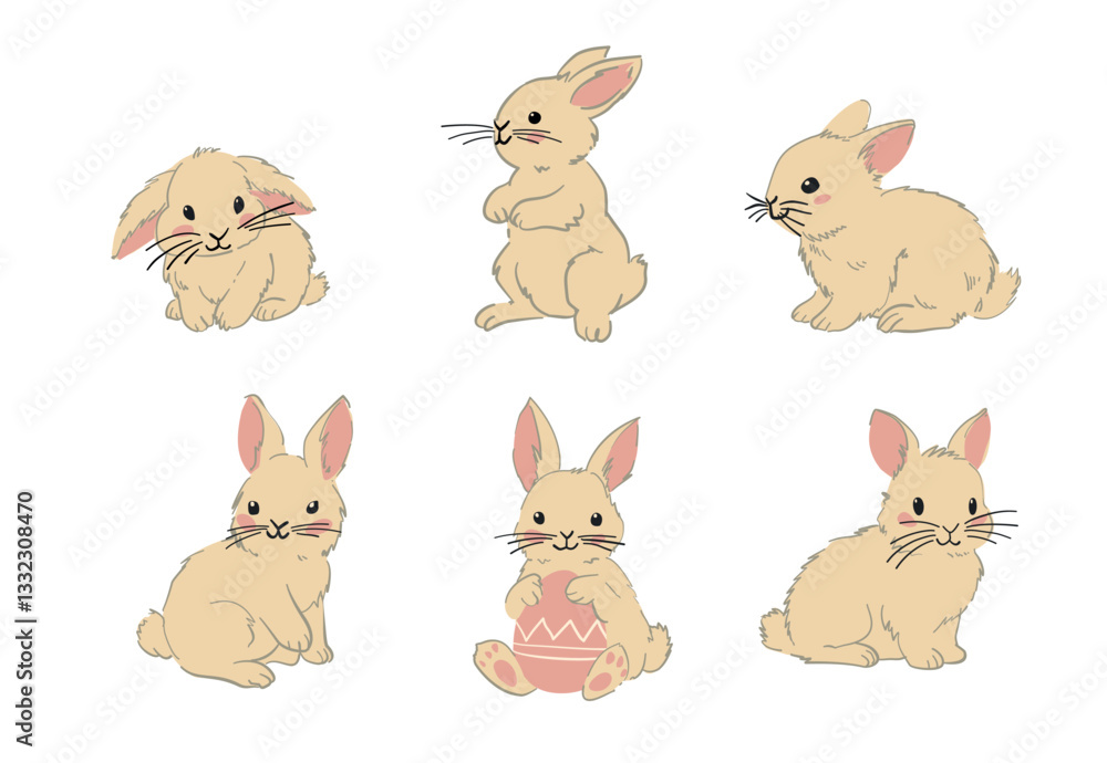 Obraz premium Illustration of six adorable bunnies in different poses, including one holding an Easter egg. Perfect for Easter, spring, and festive designs.