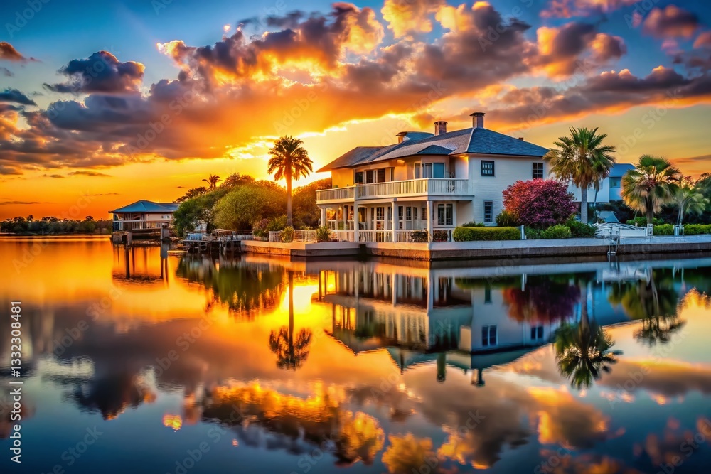 Fototapeta premium Tampa Bay Waterfront House, Hillsborough Bay, Florida - Bokeh Sunset