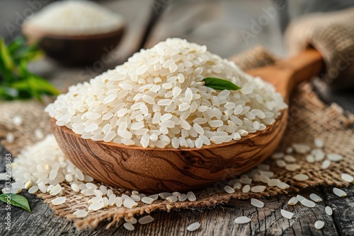 raw white rice grains with burlap sack in wooden spoon on wooden background.