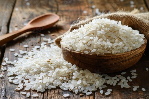 raw white rice grains with burlap sack in wooden spoon on wooden background.