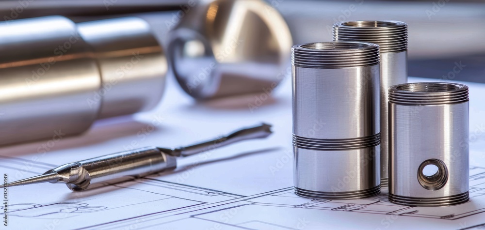 Close-up of stainless steel aerospace components placed on an intricate blueprint, precision engineering tools scattered around, dramatic lighting Close-up of stainless steel aerospace components placed on an intricate blueprint, precision engineering tools scattered around, dramatic lighting