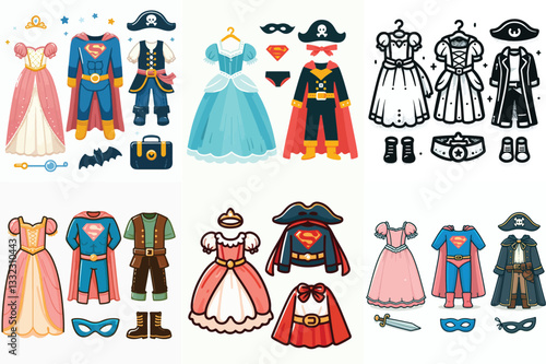 A simple vector children's dress-up clothes, featuring a princess gown, a superhero cape, and a pirate outfit