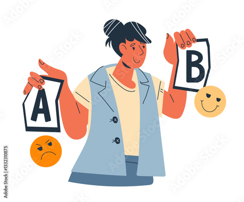 AB testing or split testing of mobile application or program, flat vector illustration isolated on white. AB test in digital marketing, data visualization and app optimization concept.