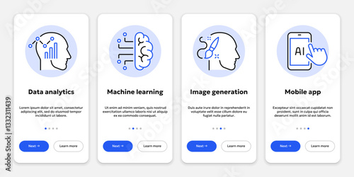 Vector onboarding screens or cards of artificial intelligence containing data analytics, machine learning, image generation, mobile app. UI template for website slider or mobile app