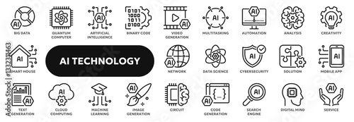 Set of vector line icons related to artificial intelligence, machine learning, data science and analytics. Symbols for website or app ui, logo design, illustration