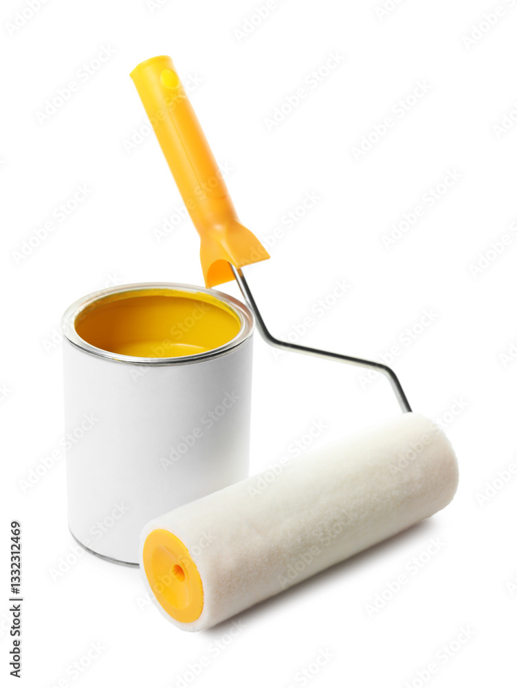 Obraz premium Can of yellow paint and roller isolated on white