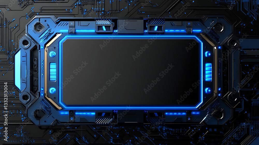Fototapeta premium Futuristic Blue And Black Technology Frame With Illuminated Screen And Circuit Board Background