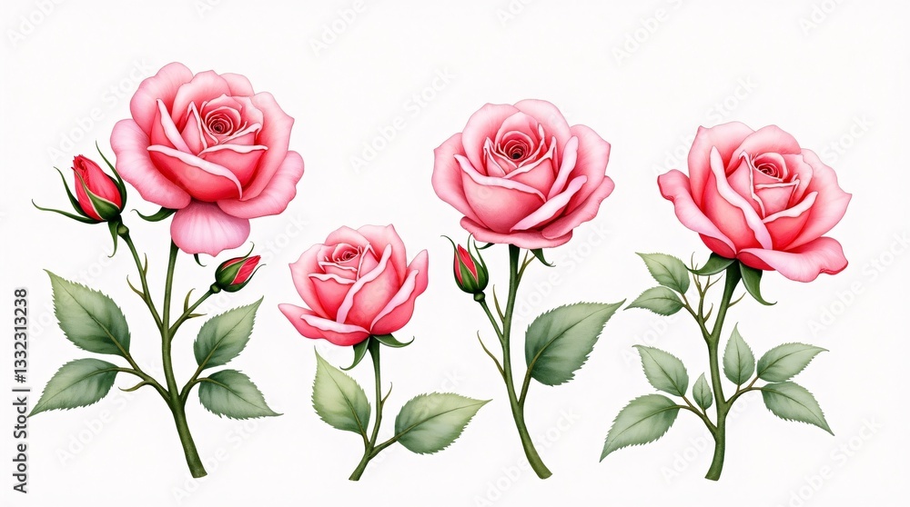A set of pink roses isolated on a white background A set of pink roses isolated on a white background