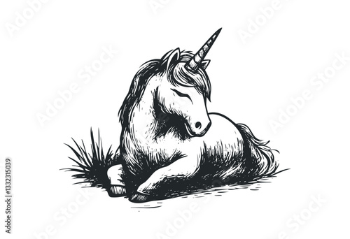 Elegant unicorn lying gracefully in a detailed artistic sketch. Vector retro hand drawn illustration