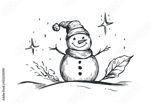 Cheerful snowman with scarf and hat in winter scene drawing. Vector retro hand drawn illustration