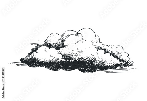 Hand-drawn sketch of fluffy cloud with detailed shading. Vector retro hand drawn illustration