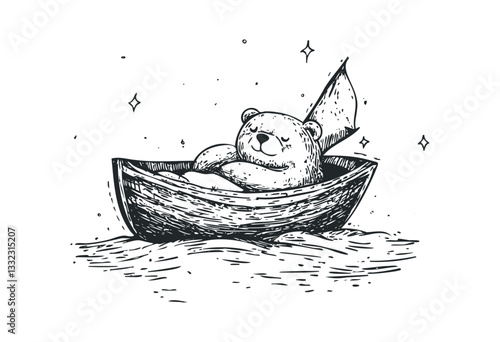 Whimsical teddy bear sailing in a boat amidst stars in black and white illustration. Vector retro hand drawn illustration