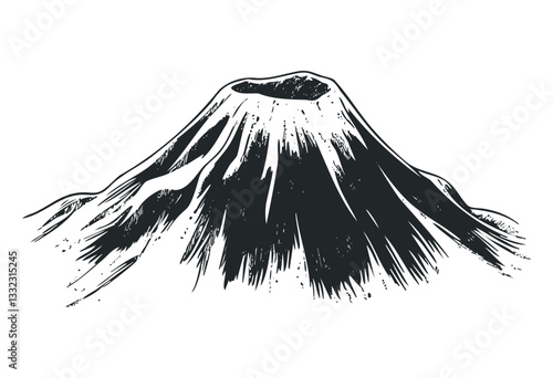 Hand-drawn volcanic mountain illustration with detailed geological features. Vector retro hand drawn illustration