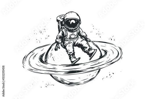 Astronaut sitting on ringed planet in space illustration. Vector retro hand drawn illustration