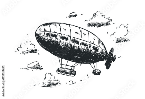 Vintage airship illustration with clouds in the sky. Vector retro hand drawn illustration