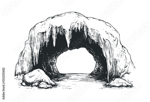 Ice cave entrance with stalactites and rocks in monochrome sketch style. Vector retro hand drawn illustration