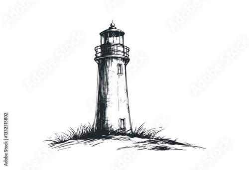 Detailed ink drawing of lighthouse on grassy hill. Vector retro hand drawn illustration