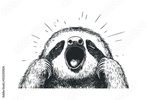 Illustrated sloth yawning with hands on face in black and white sketch style. Vector retro hand drawn illustration