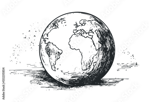 Hand-drawn globe featuring continents of europe africa and americas in detailed sketch. Vector retro hand drawn illustration